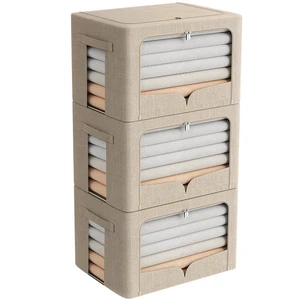3 Pack Clothes Storage Bins Foldable Metal Frame Storage Box Stackable Linen Fabric Organizer Set with Carrying Handles and Clear Window (Beige, 15.7x11.8x11.8inch(36L)) 3 Pack Clothes Storage Bins Foldable Metal Frame Storage Box Stackable Linen Fabric Organizer Set with Carrying Handles and Clear Window (Beige, 15.7x11.8x11.8inch(36L))