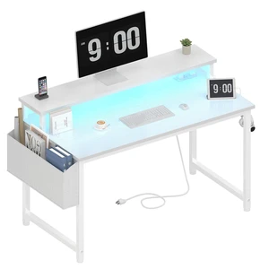 White Computer Desk with LED Lights and Power Outlets, 40 Inch Home Office Desks with Monitor Stand, Teen Writing Study Table Gaming Desk with Charging Station, White