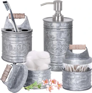 Galvanized Rustic Farmhouse Bathroom Accessories Set, 4 Pc Galvanized Rustic Farmhouse Bathroom Accessories Set, 4 Pc