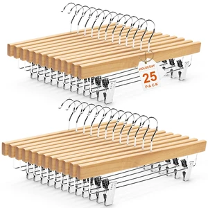 Wooden Pants Hangers with Clips, 25 Pack Skirt Hangers, Natural