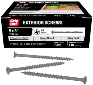 Exterior Screws - Safe for Use in Treated Lumber - #2 Phillips Bugle Head - Coarse Thread Deck Screws - PrimeGuard Coating - 1lb Box - #9 x 3 - Gray - PTN3S1 Exterior Screws - Safe for Use in Treated Lumber - #2 Phillips Bugle Head - Coarse Thread Deck Screws - PrimeGuard Coating - 1lb Box - #9 x 3 - Gray - PTN3S1