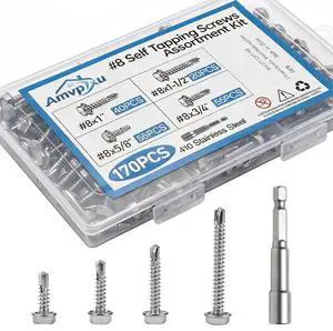 170pcs #8 Hex Head Self Tapping Screws Assortment Kit. | Stainless Steel Self Drilling Sheet Metal Screws for Metal, Wood, Plastic and More, 5/8" 3/4" 1" 1-1/2" 170pcs #8 Hex Head Self Tapping Screws Assortment Kit. | Stainless Steel Self Drilling Sheet Metal Screws for Metal, Wood, Plastic and More, 5/8" 3/4" 1" 1-1/2"