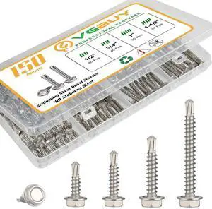 150Pcs Self Drilling Screws Assortment Kit, 410 Stainless Steel Self Tapping Sheet Metal Screws, #8 1/2" 3/4" #10 1" 1-1/2", Hex Washer Head 150Pcs Self Drilling Screws Assortment Kit, 410 Stainless Steel Self Tapping Sheet Metal Screws, #8 1/2" 3/4" #10 1" 1-1/2", Hex Washer Head