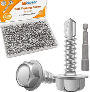 230pcs #8×1/2" Self Tapping Screws for Metal, 410 Stainless Steel Hex Washer Head Sheet Metal Screws,Quick Tapping Screw with Screwdriver Bit K-132-13-230P-W 230pcs #8×1/2" Self Tapping Screws for Metal, 410 Stainless Steel Hex Washer Head Sheet Metal Screws,Quick Tapping Screw with Screwdriver Bit K-132-13-230P-W