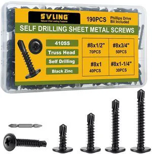 Black Self Tapping Screws Assortment Kit 190PCS, Modified Truss Head Sheet Metal Screws #8 x 1/2",3/4",1",1-1/4", Stainless Steel 410 Self Drilling Screw for Metal Wood Plastic Black Self Tapping Screws Assortment Kit 190PCS, Modified Truss Head Sheet Metal Screws #8 x 1/2",3/4",1",1-1/4", Stainless Steel 410 Self Drilling Screw for Metal Wood Plastic