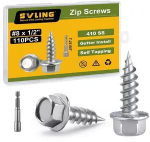 #8 x 1/2" Self Tapping Gutter Screws, 110PCS 410 Stainless Steel Sheet Metal Screws, Hex Washer Head, 1/4" Hex Bit Socket Included #8 x 1/2" Self Tapping Gutter Screws, 110PCS 410 Stainless Steel Sheet Metal Screws, Hex Washer Head, 1/4" Hex Bit Socket Included