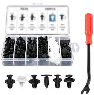 100 PCS Car Rivets Fasteners Kit, Multi-size Bumper Retainer Clips with 6In Removal Tool, Automotive Plastic Fastener Kit, Universal Expansion Screw Clips for Most Cars, Trucks, SUVs (Black) 100 PCS Car Rivets Fasteners Kit, Multi-size Bumper Retainer Clips with 6In Removal Tool, Automotive Plastic Fastener Kit, Universal Expansion Screw Clips for Most Cars, Trucks, SUVs (Black)