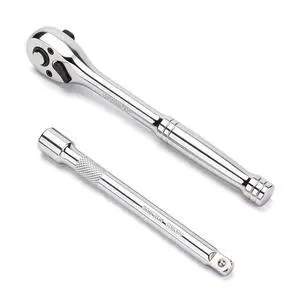 3/8" Drive 90-Tooth Ratchet Wrench with Extension Bar | Socket Wrench, Reversible Design, Quick-Release, Cr-Mo Head, Cr-V Made, 4° Swing Arc, Full Polished 3/8" Drive 90-Tooth Ratchet Wrench with Extension Bar | Socket Wrench, Reversible Design, Quick-Release, Cr-Mo Head, Cr-V Made, 4° Swing Arc, Full Polished