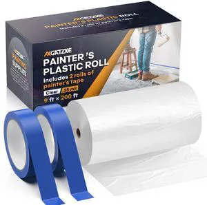 Plastic Drop Cloth for Painting, Painter's Plastic Sheeting & Tarp | 200' x 9' Plastic Film with 2 Rolls Masking Tape, Waterproof & Dust-proof Furniture/Couch/Floor Protector Painting Supplies Plastic Drop Cloth for Painting, Painter's Plastic Sheeting & Tarp | 200' x 9' Plastic Film with 2 Rolls Masking Tape, Waterproof & Dust-proof Furniture/Couch/Floor Protector Painting Supplies