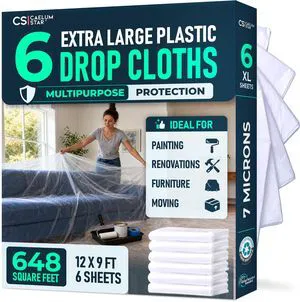 CS 6 Pack Clear Plastic Drop Cloth for Painting & Decorating, 12x9Ft Each | Light 0.4 mil, painters plastic sheeting, clear plastic sheet and furniture covers, painting supplies, clear tarp and tarps CS 6 Pack Clear Plastic Drop Cloth for Painting & Decorating, 12x9Ft Each | Light 0.4 mil, painters plastic sheeting, clear plastic sheet and furniture covers, painting supplies, clear tarp and tarps