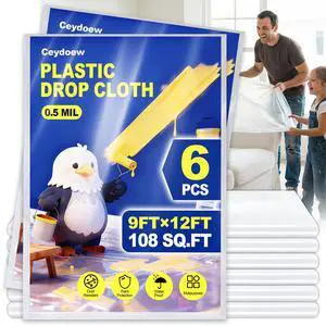 6 Pack Plastic Drop Cloths for Painting 9x12ft - Disposable Premium Plastic Tarp for Painting, Lightweight Drop Cloth for Painting for Furniture & Floor Protection 6 Pack Plastic Drop Cloths for Painting 9x12ft - Disposable Premium Plastic Tarp for Painting, Lightweight Drop Cloth for Painting for Furniture & Floor Protection