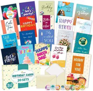 5x7 Inch, 20 Pack Assorted Happy Birthday Cards Bulk Boxed Set | Thick Card Assortment with Envelopes & Stickers, Unique Message Inside for Women, Kids, Friends, Office, Work, Family 5x7 Inch, 20 Pack Assorted Happy Birthday Cards Bulk Boxed Set | Thick Card Assortment with Envelopes & Stickers, Unique Message Inside for Women, Kids, Friends, Office, Work, Family