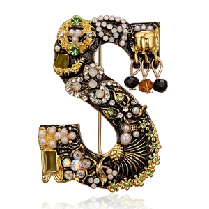 Crystal Pearl Initial Brooch Gold Plated Enamel Colorful Letter Alphabet Breastpin Pin Jewelry for GIFTS (Letter -S) Crystal Pearl Initial Brooch Gold Plated Enamel Colorful Letter Alphabet Breastpin Pin Jewelry for GIFTS (Letter -S)