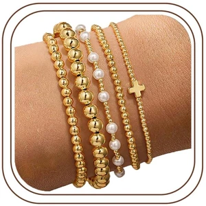Gold Bracelets for Women, 14k Gold Plated Beaded Bracelets Set | Dainty Beaded Cross Pearl Bracelet, Stackable Enewton Bracelet, Women Teen Girl Gifts, Summer Statement Jewelry 5 PCS Gold Bracelets for Women, 14k Gold Plated Beaded Bracelets Set | Dainty Beaded Cross Pearl Bracelet, Stackable Enewton Bracelet, Women Teen Girl Gifts, Summer Statement Jewelry 5 PCS