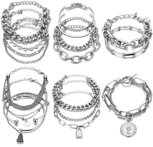 18 Pcs (6 Pack) Silver Bracelets Set for Women Boho Aesthetic Layered Stackable 14K Bangle Adjustable Cuff Grunge Italian Cuban Charm Chunky Simple Layering Bracelet Jewelry 18 Pcs (6 Pack) Silver Bracelets Set for Women Boho Aesthetic Layered Stackable 14K Bangle Adjustable Cuff Grunge Italian Cuban Charm Chunky Simple Layering Bracelet Jewelry