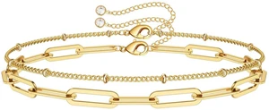14K Gold Plated Bracelet for Women, Paperclip Chain Bracelet | 14K Gold Plated Layered Paperclip Bracelet With Oval Chain and Beads, Dainty Womens Bracelets for Her Birthday Gifts 14K Gold Plated Bracelet for Women, Paperclip Chain Bracelet | 14K Gold Plated Layered Paperclip Bracelet With Oval Chain and Beads, Dainty Womens Bracelets for Her Birthday Gifts