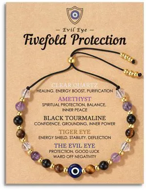 Evil Eye Bracelets Protection Crystal Bracelets for Women | Amethyst, Clear Quartz, Black Tourmaline & Tiger Eye 4mm Beads, Mal de Ojo Charm, Adjustable to 10.2 in Evil Eye Bracelets Protection Crystal Bracelets for Women | Amethyst, Clear Quartz, Black Tourmaline & Tiger Eye 4mm Beads, Mal de Ojo Charm, Adjustable to 10.2 in