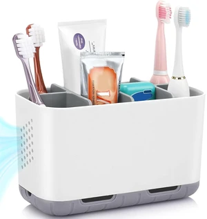 Toothbrush and Toothpaste Holder Drainage for Bathroom Countertop with Adjustable Dividers, Large Toothpaste Caddy Organizer Storage Rustic Decor Set Anti-Slip for Shower,Family,Kids Gray Toothbrush and Toothpaste Holder Drainage for Bathroom Countertop with Adjustable Dividers, Large Toothpaste Caddy Organizer Storage Rustic Decor Set Anti-Slip for Shower,Family,Kids Gray