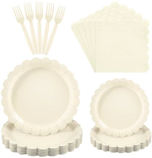 24 Set Ivory Paper Plates and Napkins, Beige Disposable Dinnerware 24 Set Ivory Paper Plates and Napkins, Beige Disposable Dinnerware