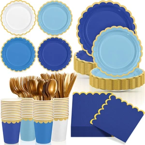 169 Pcs Blue Plates Napkins Cups Flatware Set | Disposable Paper Tableware with Scalloped Gold Rim, Complete Party Set for Wedding Shower Bridal Birthday Large Gatherings 169 Pcs Blue Plates Napkins Cups Flatware Set | Disposable Paper Tableware with Scalloped Gold Rim, Complete Party Set for Wedding Shower Bridal Birthday Large Gatherings