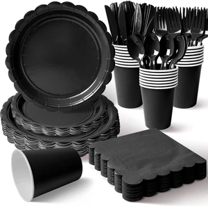175 Pcs Black Paper Plates and Napkins Party Supplies | 7 and 9 Inch Scalloped Paper Plates, Napkins, Cups and Cutlery for 25 Guests; Halloween, New Year's Eve and Birthdays 175 Pcs Black Paper Plates and Napkins Party Supplies | 7 and 9 Inch Scalloped Paper Plates, Napkins, Cups and Cutlery for 25 Guests; Halloween, New Year's Eve and Birthdays