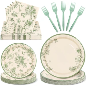 100 Pcs Disposable Sage Green Floral Tableware Set for 25 Guests | Heavy-Duty 7" & 9" Paper Plates, 2-Ply 13" Napkins & Plastic Forks for Wedding Bridal Baby Shower and Tea Party 100 Pcs Disposable Sage Green Floral Tableware Set for 25 Guests | Heavy-Duty 7" & 9" Paper Plates, 2-Ply 13" Napkins & Plastic Forks for Wedding Bridal Baby Shower and Tea Party