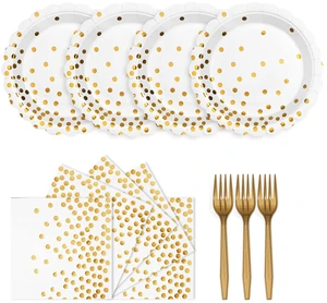 60PCS White and Gold Paper Plates and Napkins, 7 Inch Scalloped White Gold Dot Cake Dessert Plates Napkins Disposable Tableware Set for Birthday Wedding Baby Bridal Shower Party Decorations 60PCS White and Gold Paper Plates and Napkins, 7 Inch Scalloped White Gold Dot Cake Dessert Plates Napkins Disposable Tableware Set for Birthday Wedding Baby Bridal Shower Party Decorations