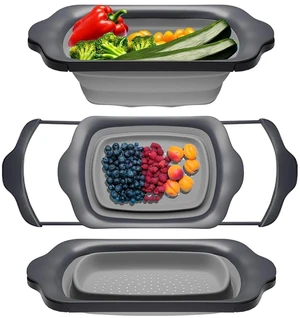 Gray Collapsible Silicone Over-Sink Colander 6 Qt Extendable | Gray; silicone; 17.1"L x 10.1"W; collapses to 1.4"H; 6 Qt; handles extend 25" to span sink; heat resistant 176F Gray Collapsible Silicone Over-Sink Colander 6 Qt Extendable | Gray; silicone; 17.1"L x 10.1"W; collapses to 1.4"H; 6 Qt; handles extend 25" to span sink; heat resistant 176F