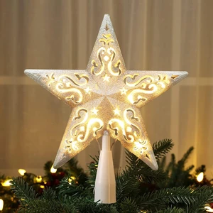 Christmas Tree Topper with 10 Warm Lights, 8" Silver Star Tree top | Hollow-Out Double-Sided 3D Glittered Tree Topper, UL Certified Lighted Xmas Tree Topper for Holiday Christmas Tree Decoration Christmas Tree Topper with 10 Warm Lights, 8" Silver Star Tree top | Hollow-Out Double-Sided 3D Glittered Tree Topper, UL Certified Lighted Xmas Tree Topper for Holiday Christmas Tree Decoration