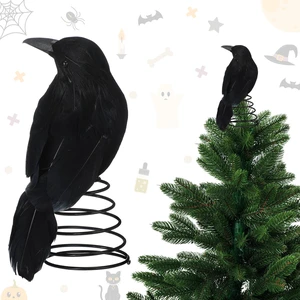Halloween Black Crow Tree Topper 6.3 in Spooky Raven Tree Topper | Gothic Small Tree Ornament, Black Feather Crow Tree Topper, with Spring Base, Halloween Christmas Treetops Raven Decor Halloween Black Crow Tree Topper 6.3 in Spooky Raven Tree Topper | Gothic Small Tree Ornament, Black Feather Crow Tree Topper, with Spring Base, Halloween Christmas Treetops Raven Decor