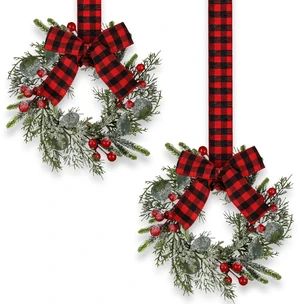 2 Pcs 9 Inch Mini Christmas Red Berry Wreaths | Red and Black Plaid Bows, Farmhouse Cabinet Accents for Kitchen and Holiday Party Decor 2 Pcs 9 Inch Mini Christmas Red Berry Wreaths | Red and Black Plaid Bows, Farmhouse Cabinet Accents for Kitchen and Holiday Party Decor