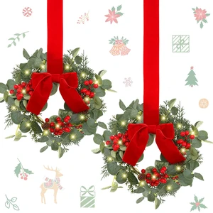 2 Pcs 9 Inch Lighted Mini Christmas Eucalyptus Wreaths | Red Berries, Red Velvet Bows, Small Cabinet Accents for Kitchen, Porch, Wall and Window Decor 2 Pcs 9 Inch Lighted Mini Christmas Eucalyptus Wreaths | Red Berries, Red Velvet Bows, Small Cabinet Accents for Kitchen, Porch, Wall and Window Decor
