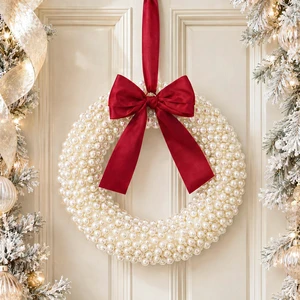 8 Inch Handmade White Pearl Christmas Wreath for Front Door | Luxury Small Christmas Wreath with Burgundy Satin Bow, Xmas White Pearl Decor for Wall, Window, Mantel, Indoor Outdoor Decor 8 Inch Handmade White Pearl Christmas Wreath for Front Door | Luxury Small Christmas Wreath with Burgundy Satin Bow, Xmas White Pearl Decor for Wall, Window, Mantel, Indoor Outdoor Decor