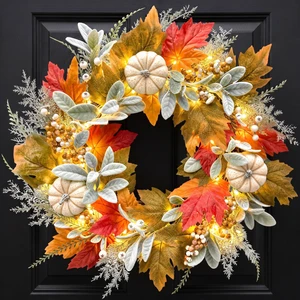 22 Inch Fall Wreaths for Front Door, White Pumpkin Wreath | Handcrafted Autumn Fall Wreath, Maple Leaves, Berries & Lamb's Ear Leaves, Farmhouse Thanksgiving Decorations for Wall Porch 22 Inch Fall Wreaths for Front Door, White Pumpkin Wreath | Handcrafted Autumn Fall Wreath, Maple Leaves, Berries & Lamb's Ear Leaves, Farmhouse Thanksgiving Decorations for Wall Porch