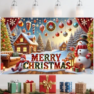 Christmas Banner 71"x43" Polyester | Xmas Decor, Party Event, Indoor Backdrop, Home Sign, Wall Accent (Snowman) Christmas Banner 71"x43" Polyester | Xmas Decor, Party Event, Indoor Backdrop, Home Sign, Wall Accent (Snowman)