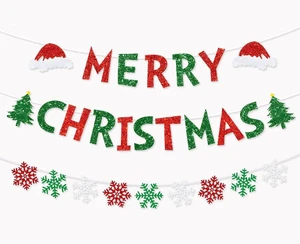 Merry Christmas Banner - Red Green Glitter Snowflake Bunting Banner Xmas Paper Decorations for Indoor, Home Office Party Fireplace Mantle Farmhouse Decor Merry Christmas Banner - Red Green Glitter Snowflake Bunting Banner Xmas Paper Decorations for Indoor, Home Office Party Fireplace Mantle Farmhouse Decor