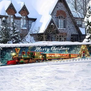 118x20 inch Merry Christmas Train Scene Winter Snowman with Christmas Tree and Gift Box Holiday Locomotive Banner for Outdoor Fence Porch Wall Family Party Photo Backdrop Decoration 118x20 inch Merry Christmas Train Scene Winter Snowman with Christmas Tree and Gift Box Holiday Locomotive Banner for Outdoor Fence Porch Wall Family Party Photo Backdrop Decoration
