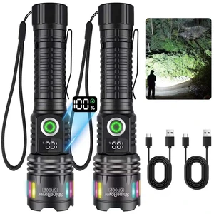 2Pack Rechargeable LED Flashlights High Lumens with LCD Power Display | 5Modes Super Bright Handheld Tactical Flash Light with Aluminum, Zoomable, Pocket Clip, Waterproof for Camping Emergency 2Pack Rechargeable LED Flashlights High Lumens with LCD Power Display | 5Modes Super Bright Handheld Tactical Flash Light with Aluminum, Zoomable, Pocket Clip, Waterproof for Camping Emergency