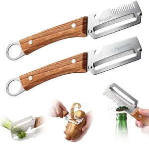 2 PCS Multifunctional Vegetable Peeler, 3-in-1 Stainless Steel Peeler Knife | Wooden Handle and Bottle Opener, Ergonomic Handheld Fruit Peeler for Kitchen with Hanging Hole 2 PCS Multifunctional Vegetable Peeler, 3-in-1 Stainless Steel Peeler Knife | Wooden Handle and Bottle Opener, Ergonomic Handheld Fruit Peeler for Kitchen with Hanging Hole