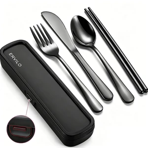 Travel Utensils with Case, Stainless Steel Portable Cutlery Set for Camping Picnic, Lunch Box Silverware for Work, Reinforced Case with Snap-Lock Closure, Include Fork Spoon Knife Chopsticks, Black Travel Utensils with Case, Stainless Steel Portable Cutlery Set for Camping Picnic, Lunch Box Silverware for Work, Reinforced Case with Snap-Lock Closure, Include Fork Spoon Knife Chopsticks, Black