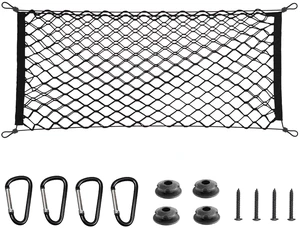 Cargo Net with Metal Hooks, 35.4x15.8 in | Elastic stretchable mesh, adjustable for SUV/truck/jeep, universal fit, secure trunk storage, heavy-duty for car exterior Cargo Net with Metal Hooks, 35.4x15.8 in | Elastic stretchable mesh, adjustable for SUV/truck/jeep, universal fit, secure trunk storage, heavy-duty for car exterior