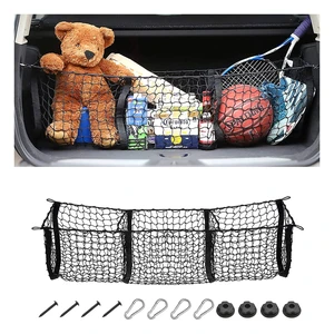 3-Pocket Car Trunk Cargo Net with Carabiners | expandable mesh storage, fits compatible storage areas, car interior accessories 3-Pocket Car Trunk Cargo Net with Carabiners | expandable mesh storage, fits compatible storage areas, car interior accessories