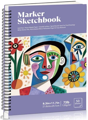 8.3×11.7In Marker Paper Pad, 50 Sheets Spiral Bleedproof Drawing Marker Pad | 120gsm Acid-Free Drawing Paper, Tear-Off Pages, Lays Flat, for Alcohol Markers, Pens, Sketching & Crayon 8.3×11.7In Marker Paper Pad, 50 Sheets Spiral Bleedproof Drawing Marker Pad | 120gsm Acid-Free Drawing Paper, Tear-Off Pages, Lays Flat, for Alcohol Markers, Pens, Sketching & Crayon