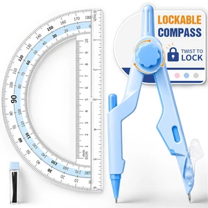 Lockable Compass and Protractor Set, Metal Compass Drawing Tool | 6" Clear Protractor and Compass with Refill Leads & Tip Cover, Student-Friendly Geometry Set for Math, Drafting, Homework Lockable Compass and Protractor Set, Metal Compass Drawing Tool | 6" Clear Protractor and Compass with Refill Leads & Tip Cover, Student-Friendly Geometry Set for Math, Drafting, Homework