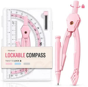 Lockable Metal Compass and Protractor Set, Compass Drawing Tool | 6" Clear Protractor for Students, Compass with Refill Leads, Geometry Set Kit for Math, Drafting, Homework, Classroom, Pink Lockable Metal Compass and Protractor Set, Compass Drawing Tool | 6" Clear Protractor for Students, Compass with Refill Leads, Geometry Set Kit for Math, Drafting, Homework, Classroom, Pink