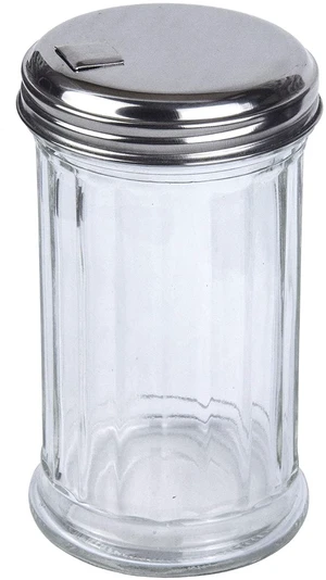 Glass Sugar Shaker Dispenser Pourer, 5.5 inch | Clear glass shaker bottle with steel pour spout. Multi-purpose tabletop dispenser for granulated sugar, cheese, or spices. Glass Sugar Shaker Dispenser Pourer, 5.5 inch | Clear glass shaker bottle with steel pour spout. Multi-purpose tabletop dispenser for granulated sugar, cheese, or spices.