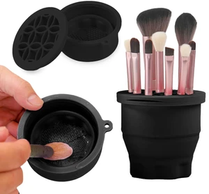 Makeup Brushes Cleaner Mat with Brush Storage Holder, Folding Portable Washing Tool for Makeup Brush Cleaning, 2 In 1 Silicone Brush Cleaner Pad & Cosmetic Brush Organizer Rack (Black) Makeup Brushes Cleaner Mat with Brush Storage Holder, Folding Portable Washing Tool for Makeup Brush Cleaning, 2 In 1 Silicone Brush Cleaner Pad & Cosmetic Brush Organizer Rack (Black)