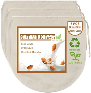 3 PCS 12"x12" Nut Milk Bags - 100% Unbleached Cotton Cheesecloth, Reusable Food Strainer Colander For Straining Almond/Oat Milk, Celery Juice, Cold Brew Coffee, Yogurt and Cheese Making 3 PCS 12"x12" Nut Milk Bags - 100% Unbleached Cotton Cheesecloth, Reusable Food Strainer Colander For Straining Almond/Oat Milk, Celery Juice, Cold Brew Coffee, Yogurt and Cheese Making