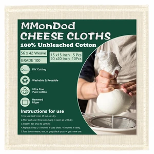 Grade 100 Cheesecloth for Straining, 15 Pack Unbleached Cotton Cloths | Precut with hemmed edges, reusable 56 x 42 weave, 10 pcs 20 x 20 + 5 pcs 15 x 15 for yogurt, cheese and nut milk Grade 100 Cheesecloth for Straining, 15 Pack Unbleached Cotton Cloths | Precut with hemmed edges, reusable 56 x 42 weave, 10 pcs 20 x 20 + 5 pcs 15 x 15 for yogurt, cheese and nut milk