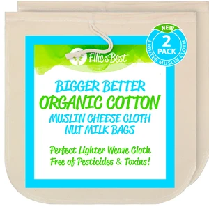 Organic Cotton EZ-2-Squeeze Nut Milk Bags - 2pk -14" x14" Reusable All Purpose Food Strainer Bag- Light Strong Muslin Mesh Cheesecloth Organic Cotton EZ-2-Squeeze Nut Milk Bags - 2pk -14" x14" Reusable All Purpose Food Strainer Bag- Light Strong Muslin Mesh Cheesecloth
